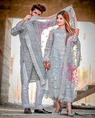 BRAND:LAAM organza embroidered &amp; stone work unstitced 3pc✓