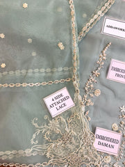 BRAND:AGHA NOOR organza embroidered hand emblished unstitced 3pc✓